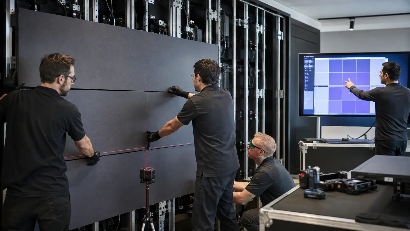 Concept visualization of installers training on cabinet alignment and modular MicroLED service