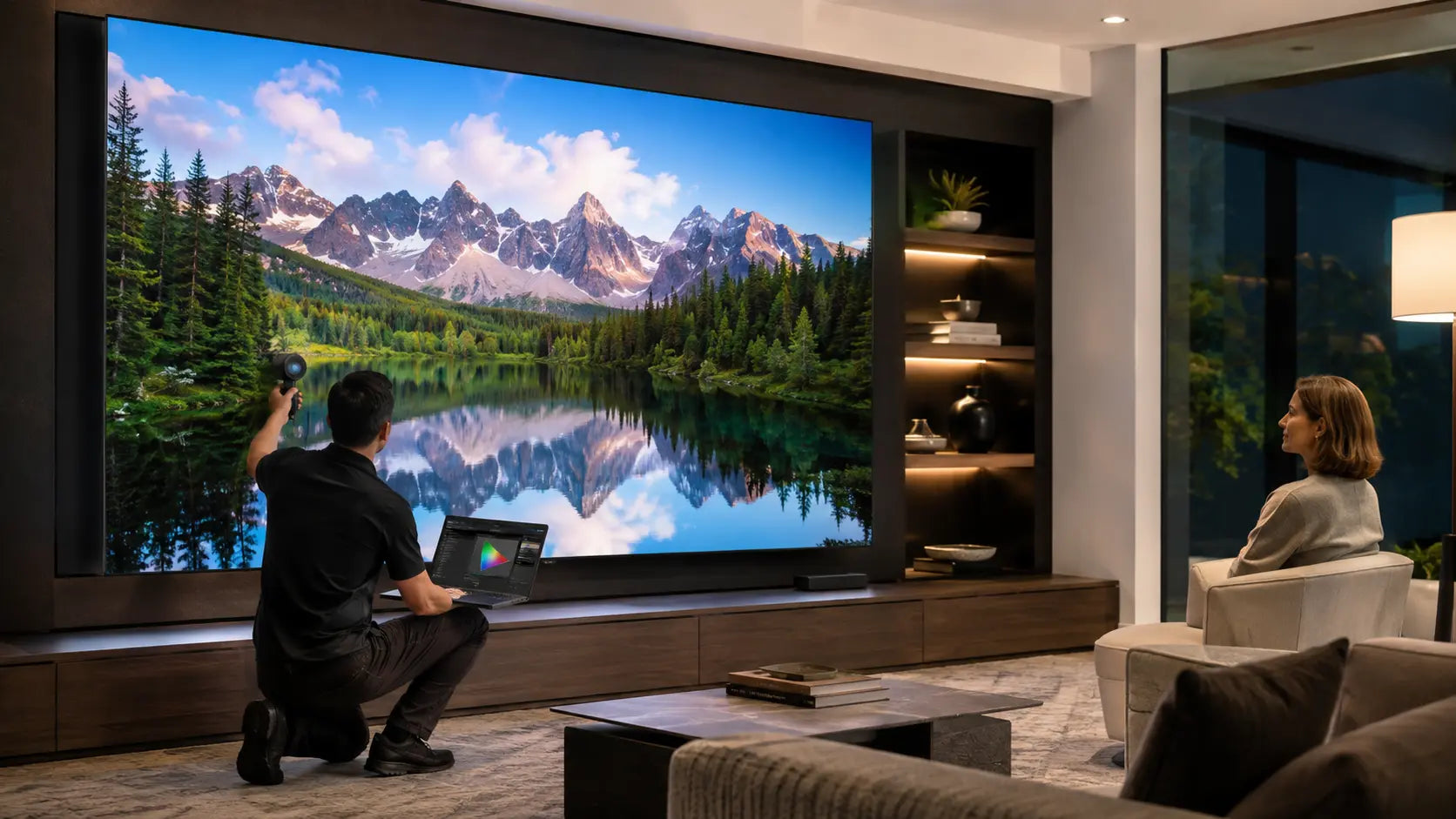 Concept visualization of final MicroLED calibration and owner handoff in a completed residential room