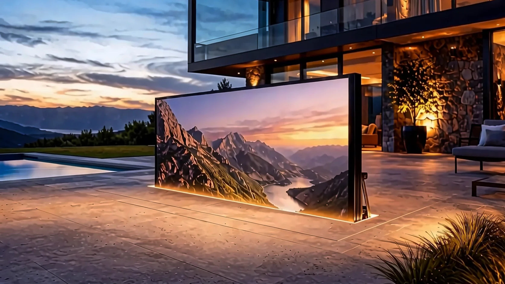 Concept image of the Ascent outdoor MicroLED wall rising through a narrow lit slot in a stone terrace at dusk