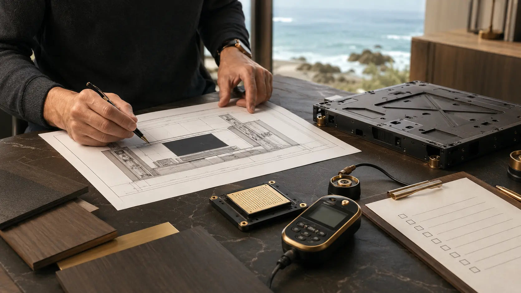 Concept visualization of a residential wall plan, cabinet sample, COB module and calibration tools under engineering review