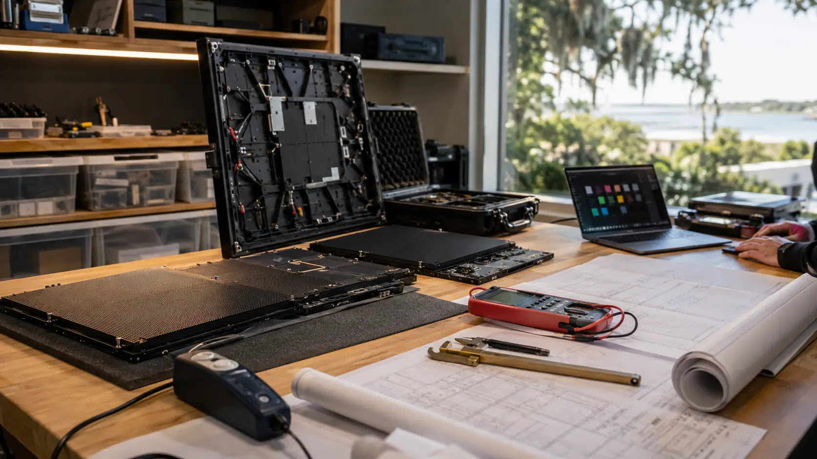MicroLED cabinet samples, calibration equipment and project drawings arranged for engineering review
