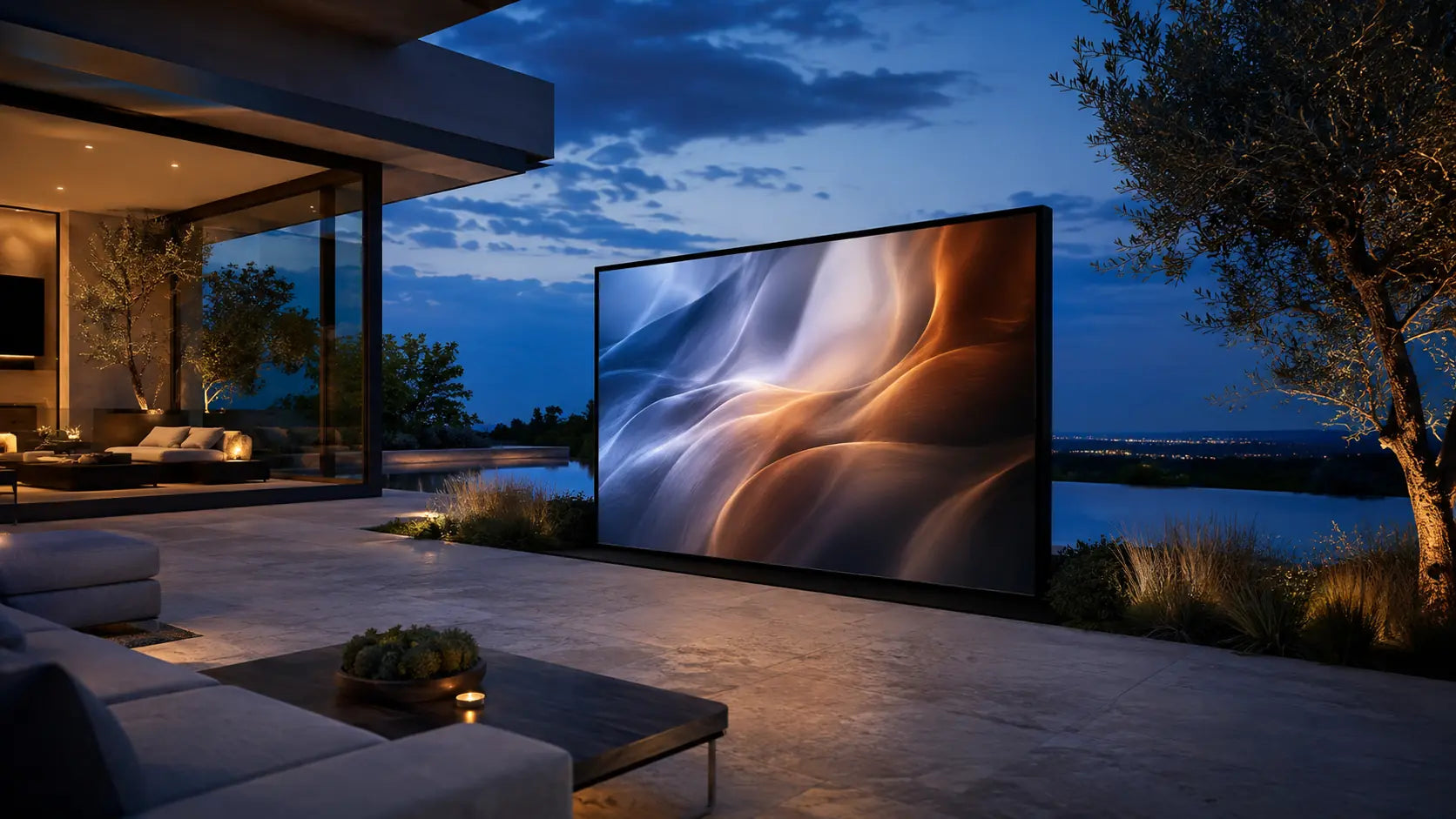 Concept image of an Ascent outdoor MicroLED wall fully raised in a sophisticated backyard at dusk