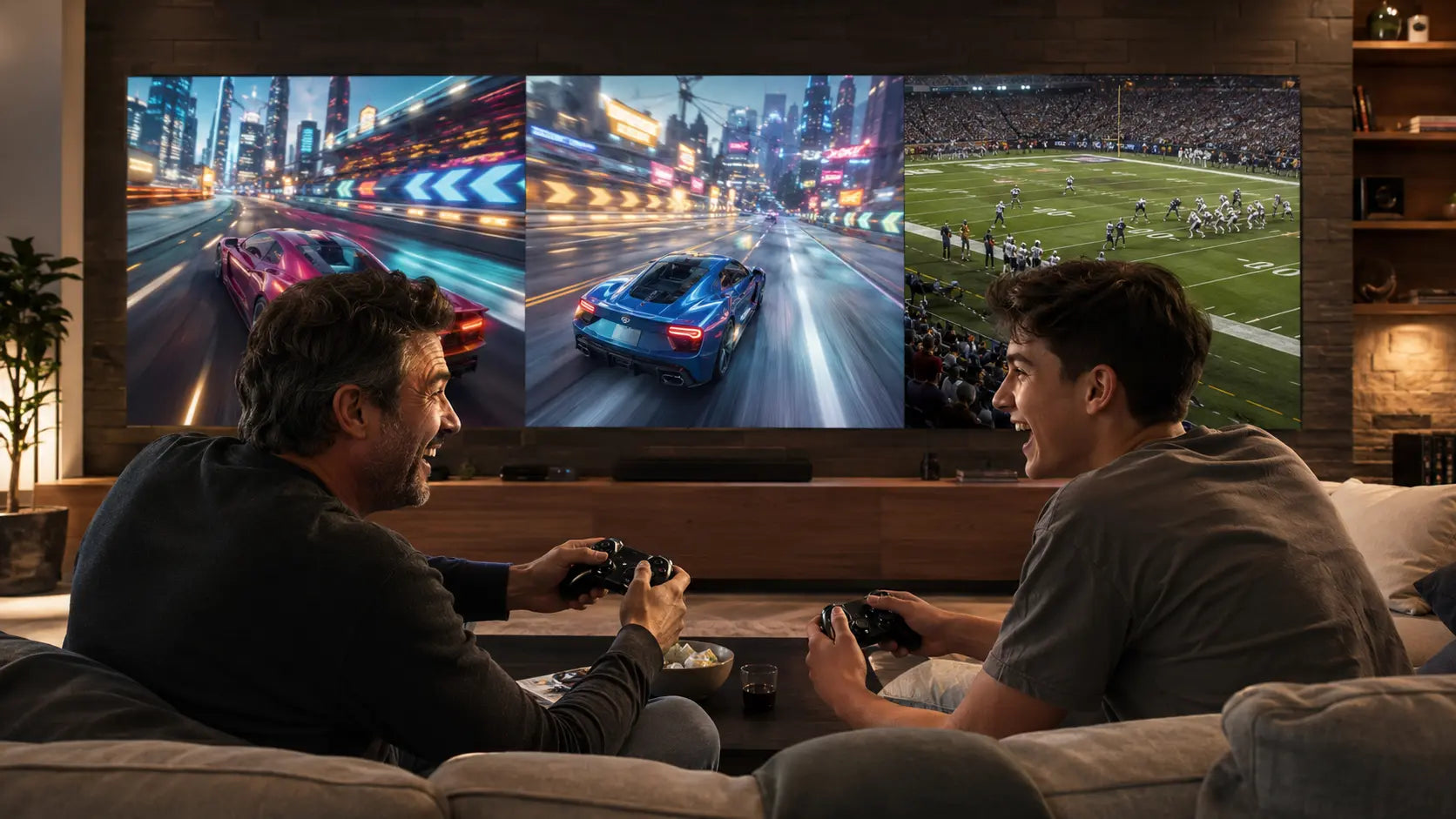 Concept visualization of family gaming and live football sharing one seamless MicroLED wall