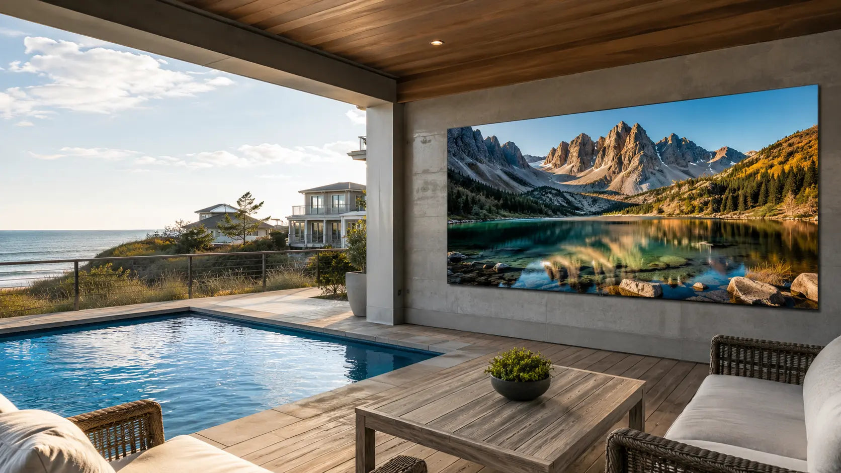 Fixed outdoor MicroLED wall beside a pool, visible in bright coastal daylight