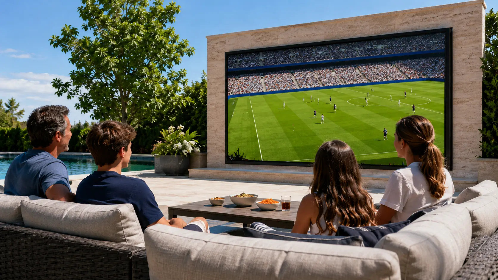 Family watching live soccer on a fixed outdoor MicroLED wall beside a pool in bright daylight