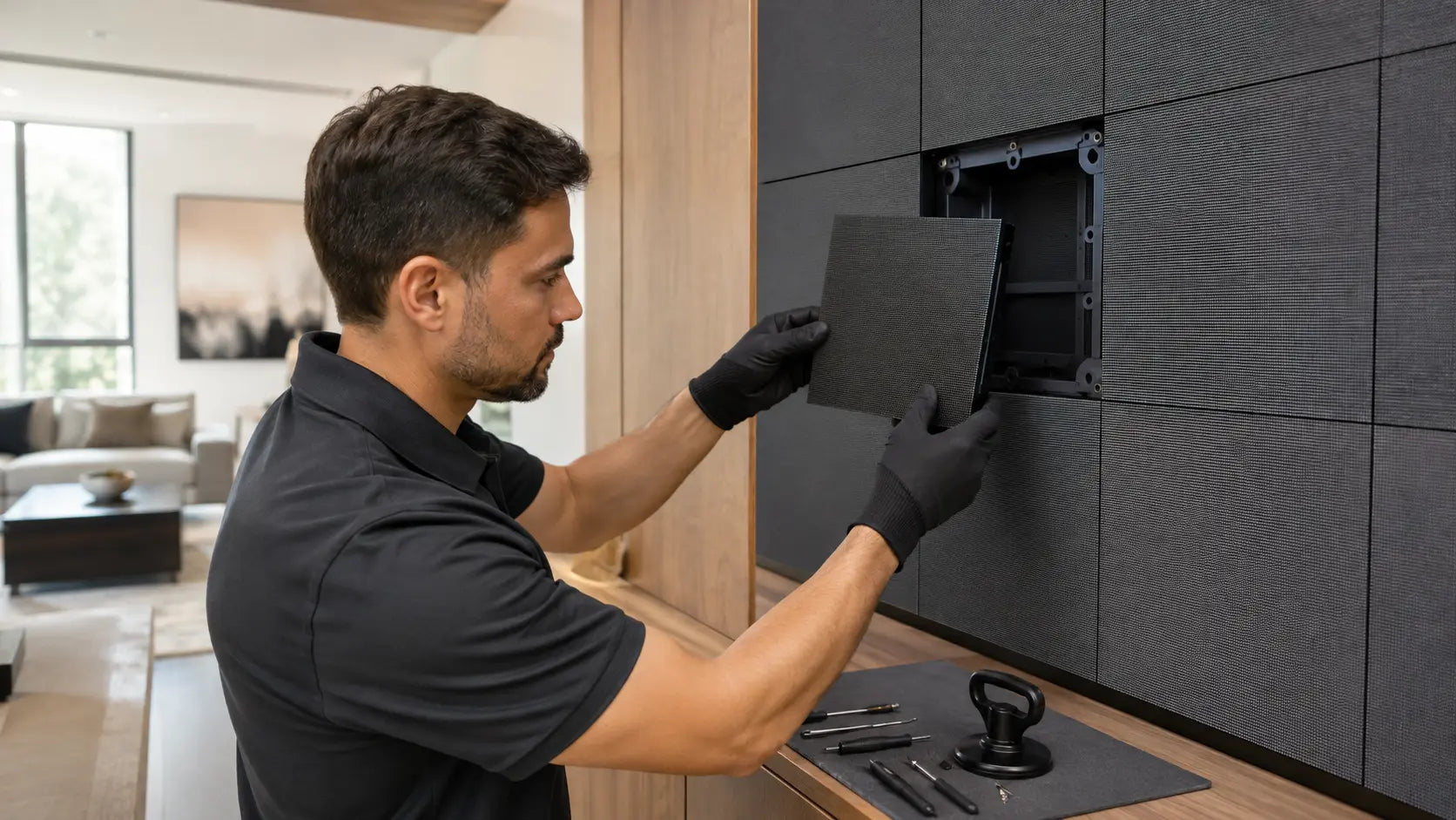 Concept close-up of a technician removing a front-serviceable MicroLED module