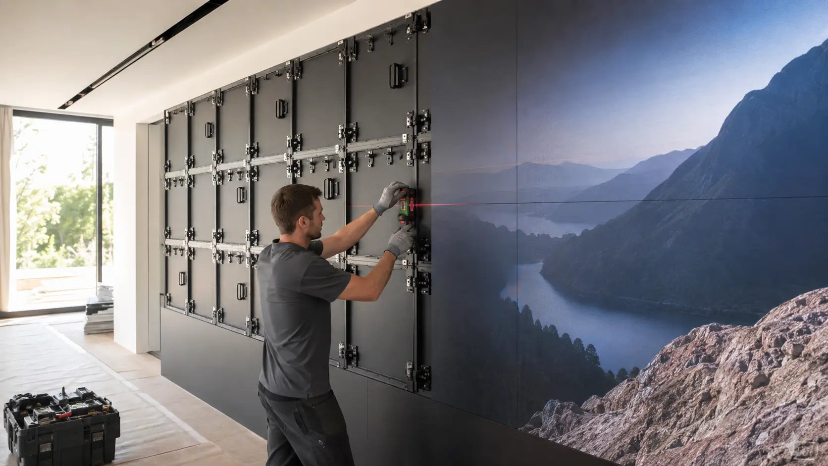 Installer aligning a half-completed MicroLED wall beside finished display modules