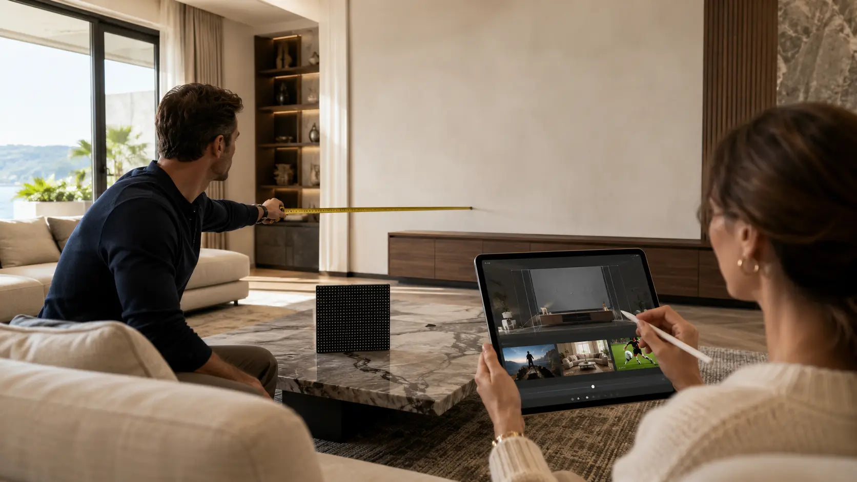 Concept visualization of homeowners measuring seating distance and available wall width while reviewing room choices on a tablet
