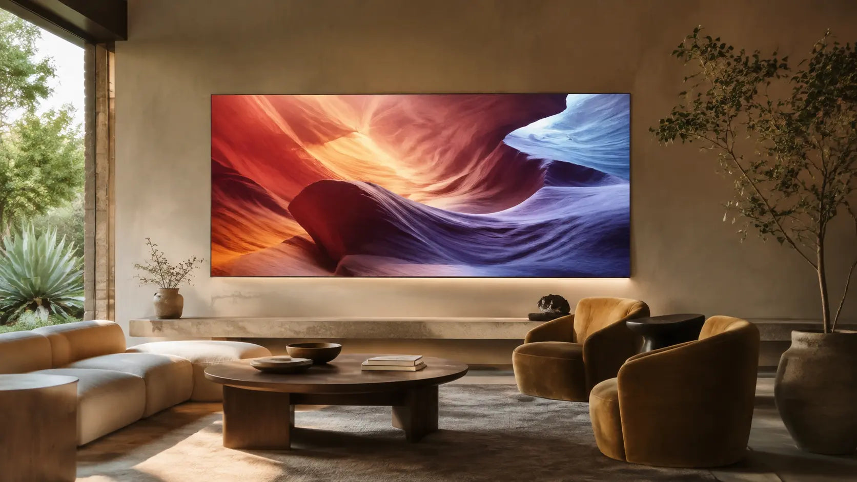 Concept visualization of an Illusion Optics wall presenting commissioned artwork in a refined living room