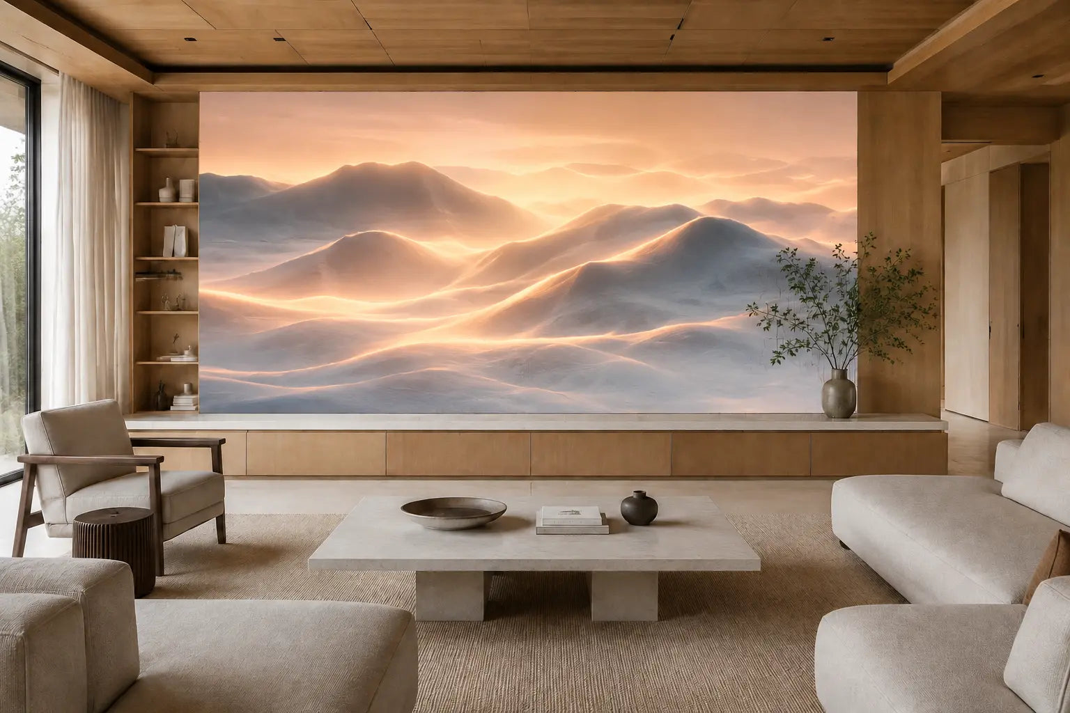 Concept visualization of the exact same room with the Illusion Optics wall displaying vivid content