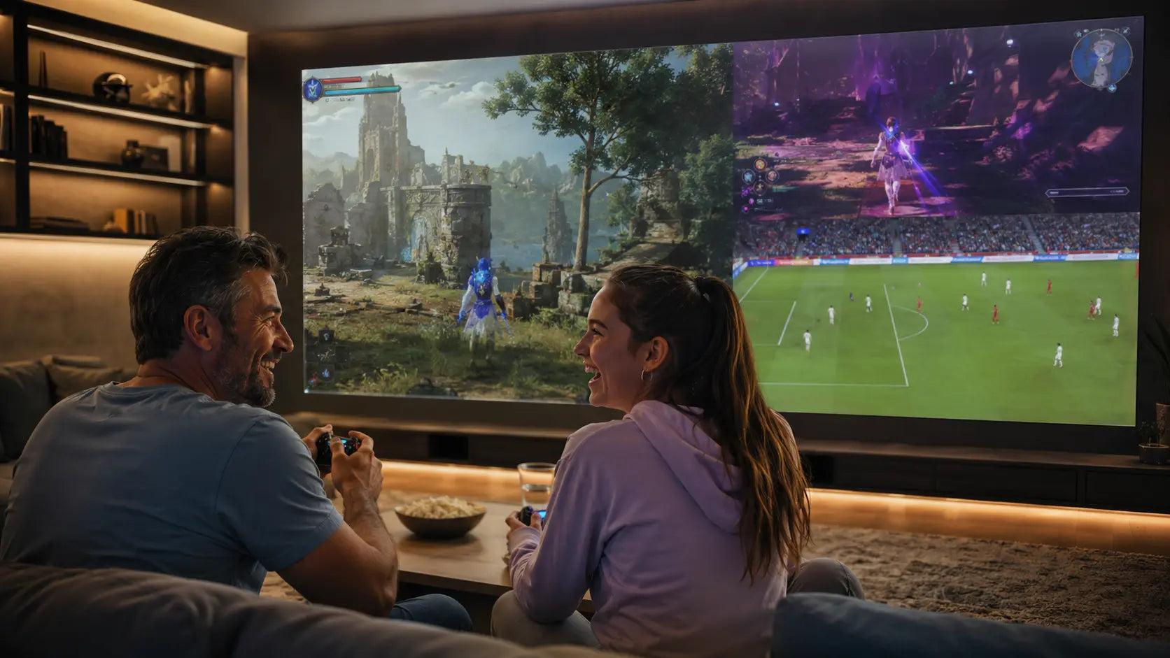 Concept visualization of a family game night with separate gaming and live sports views sharing one MicroLED wall