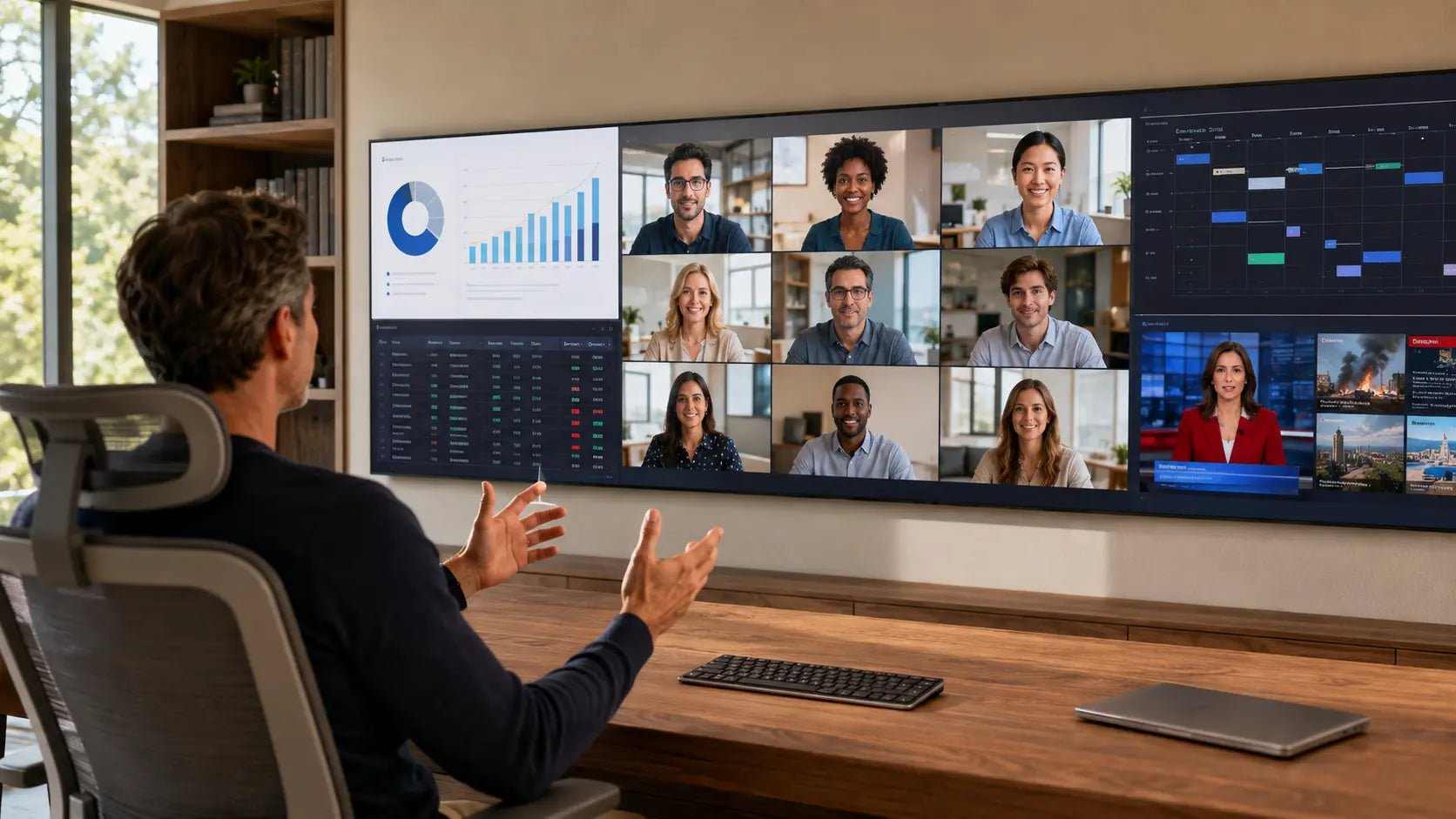 Concept visualization of a home-office MicroLED wall showing a video conference, supporting data, schedules and live news without desk-monitor clutter
