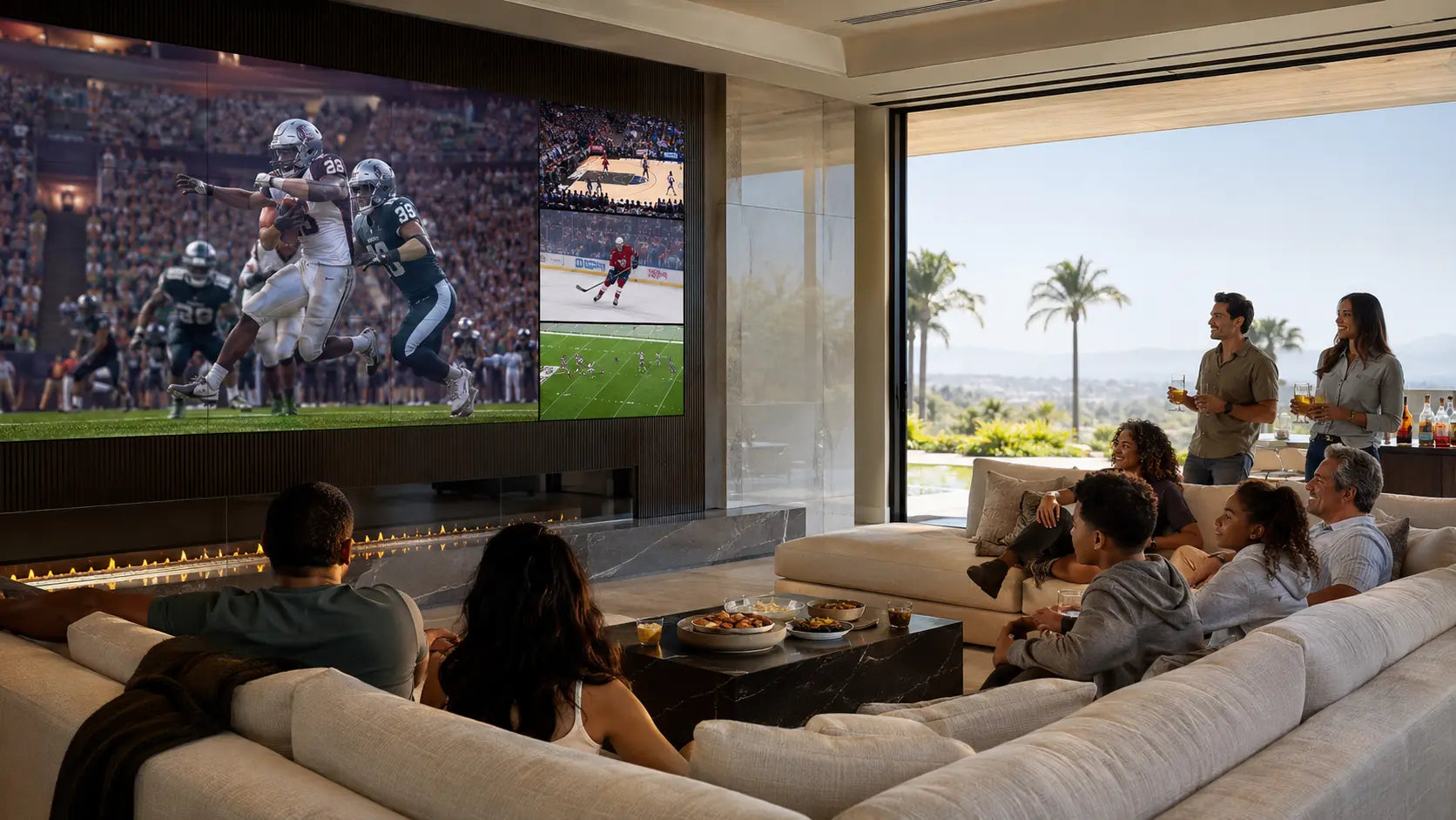Concept visualization of family and friends enjoying one primary game and three supporting sports feeds on a Lifestyle MicroLED wall
