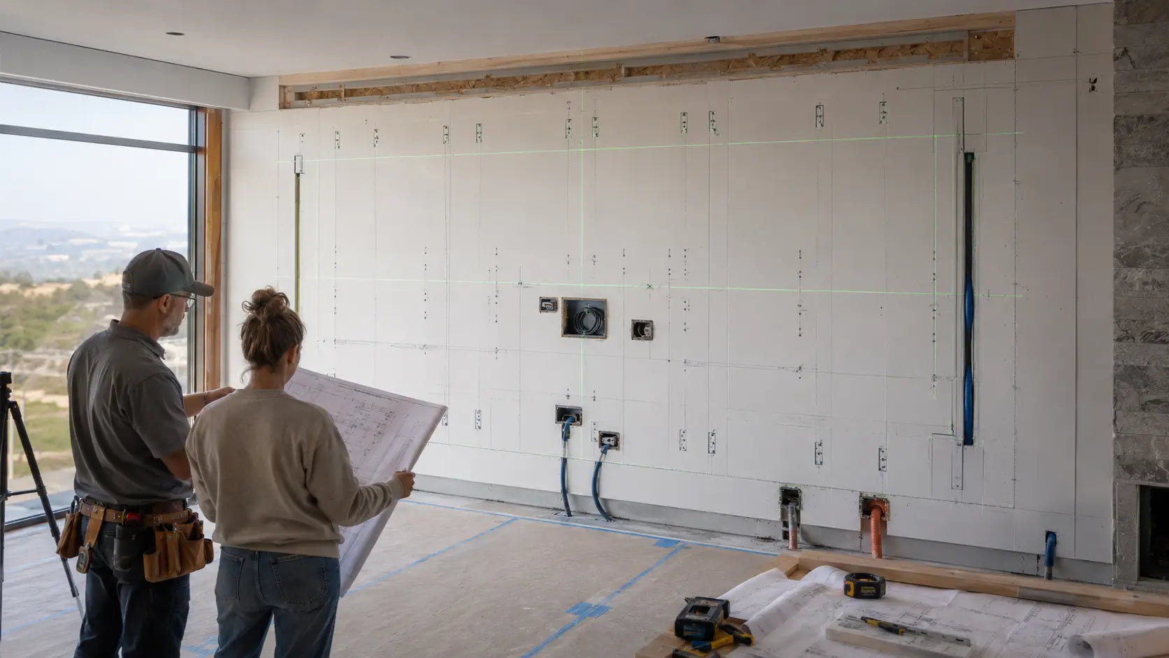 Concept visualization of a homeowner and installer reviewing wall flatness, mounting points, power and data before cabinets arrive