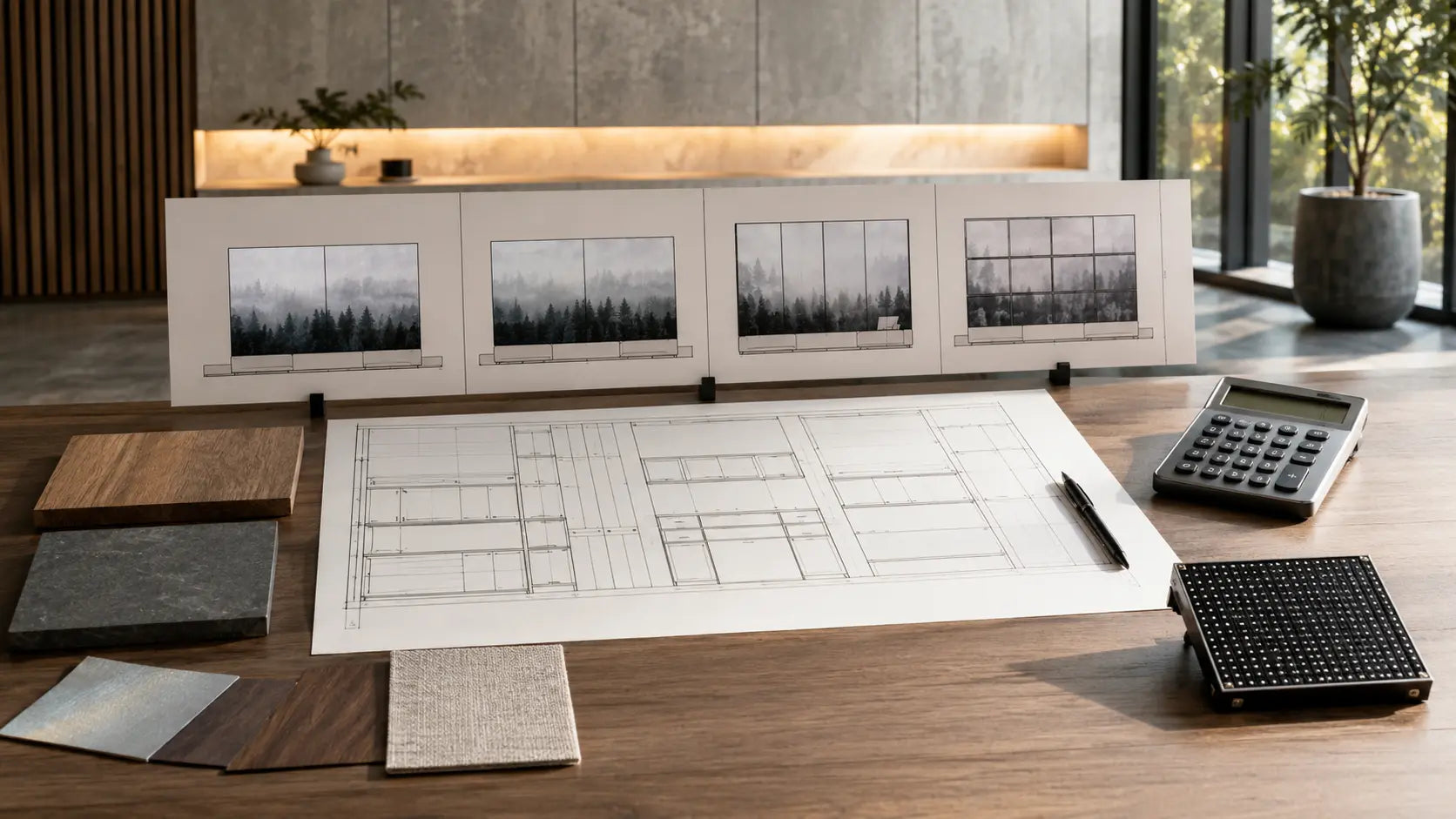 Architectural cabinet-grid drawings, scale studies and a MicroLED module sample used to build transparent pricing