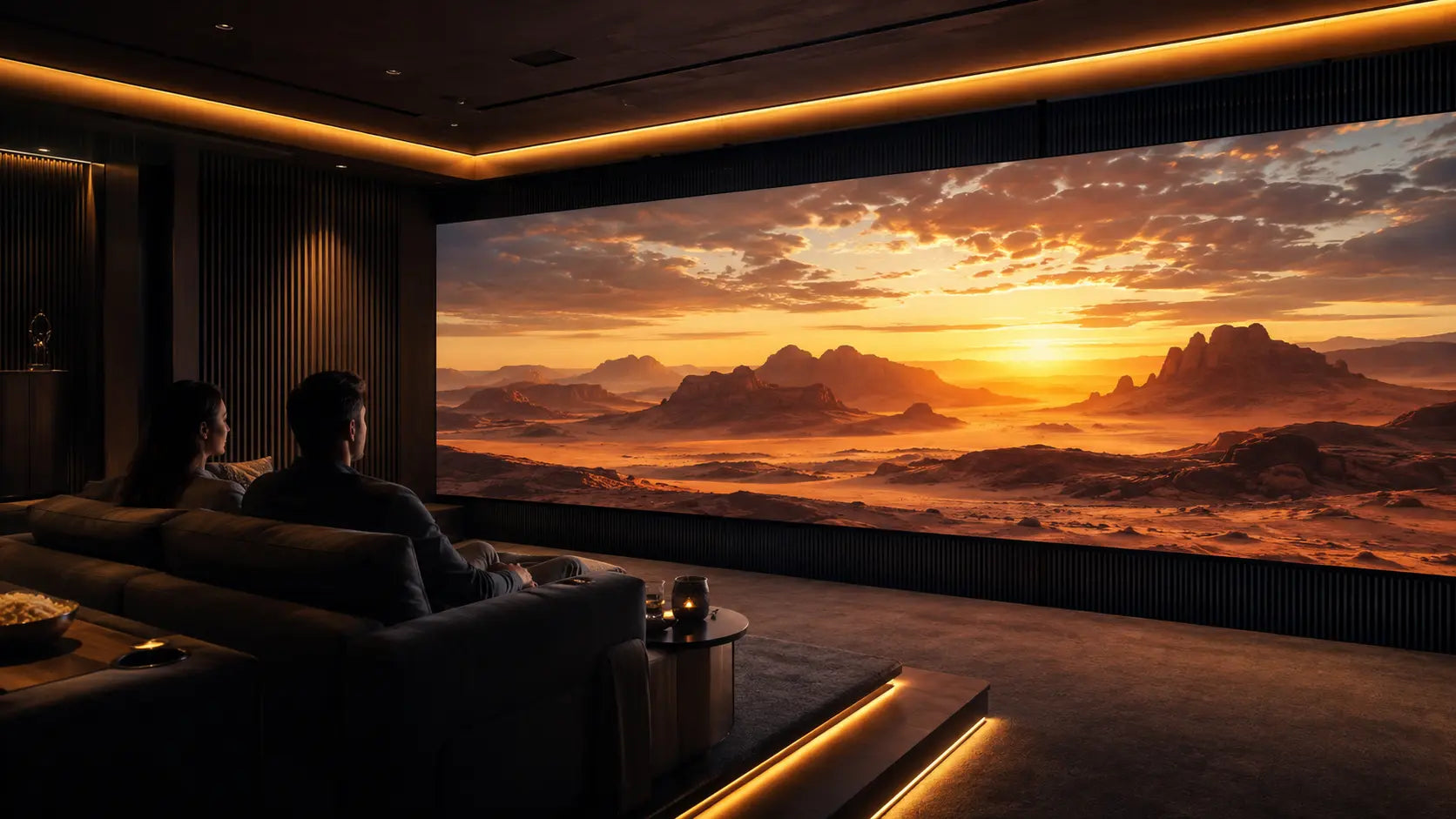 Concept visualization of an ultrawide CinemaScape wall filling a private cinema from a side-aisle view