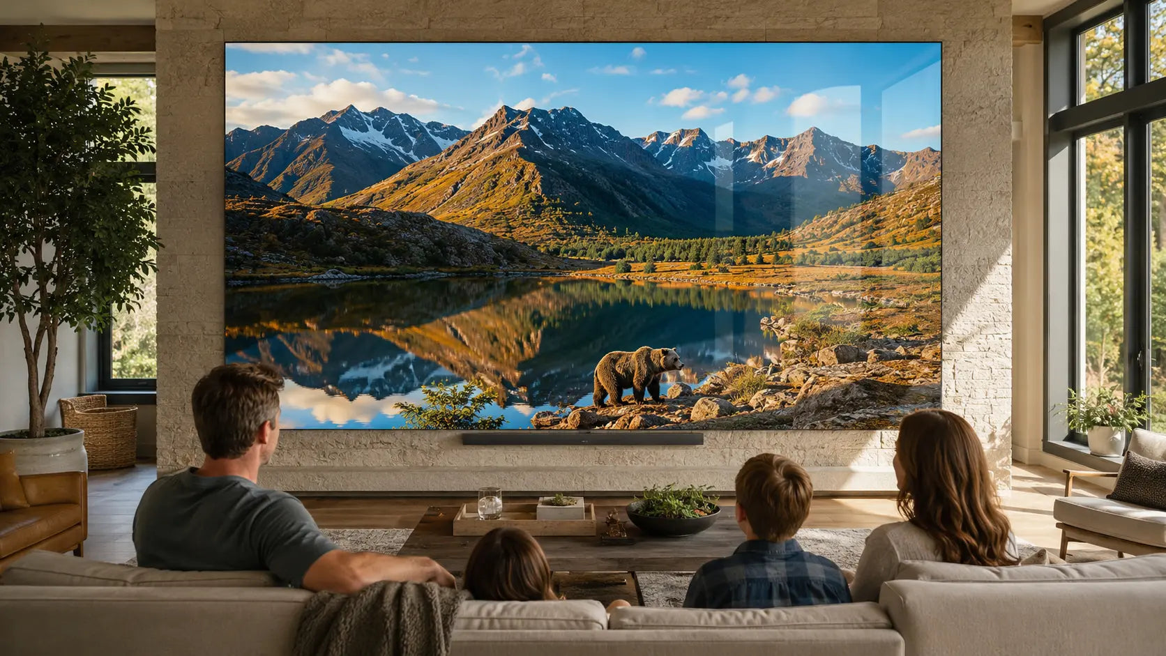 Concept visualization of a family enjoying a wall-sized Lifestyle MicroLED display in a sunlit great room