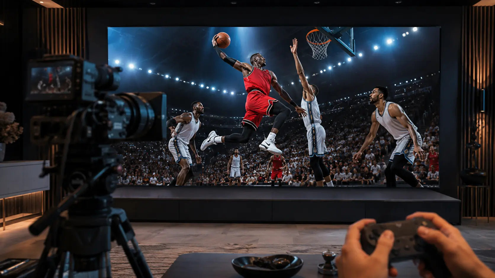 Concept visualization of fast sports motion and a professional camera viewing a MicroLED wall