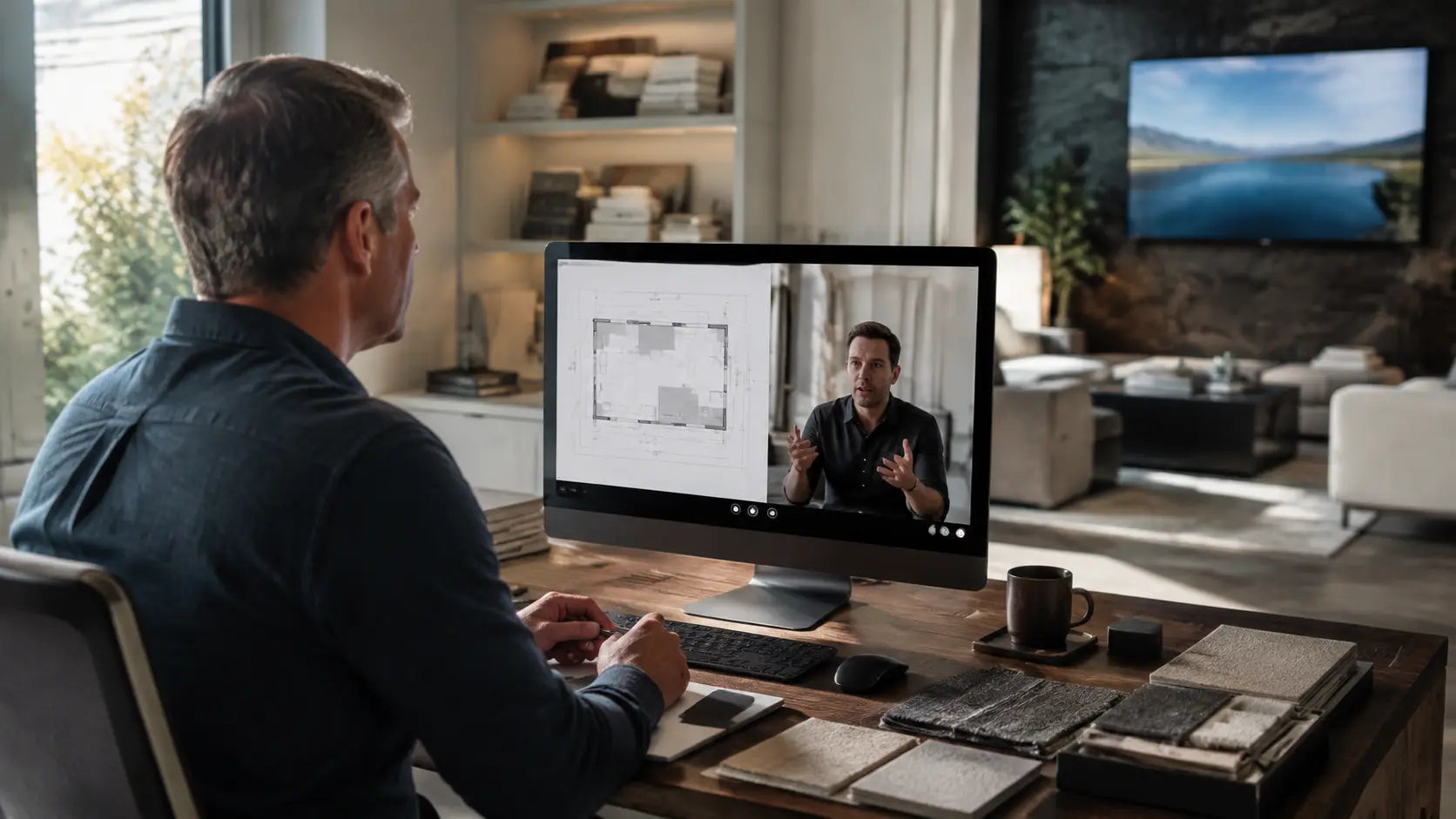 Concept visualization of a homeowner reviewing a wall plan with a MicroLED expert during a video consultation