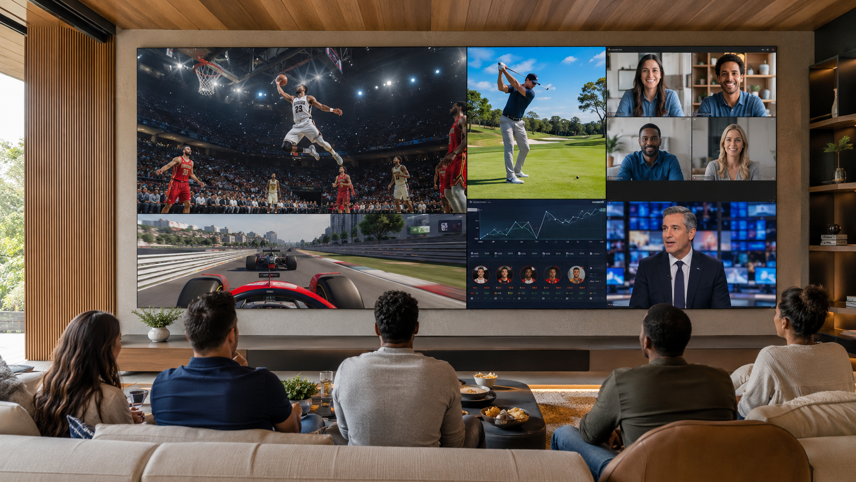 Concept visualization of six simultaneous live sources arranged across one seamless MicroLED wall