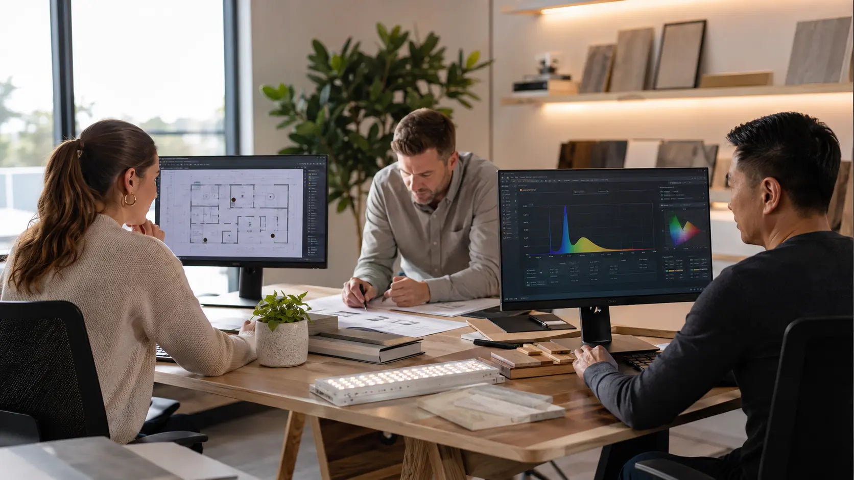 Concept visualization of a MicroLUX specialist reviewing a customer room and display plan