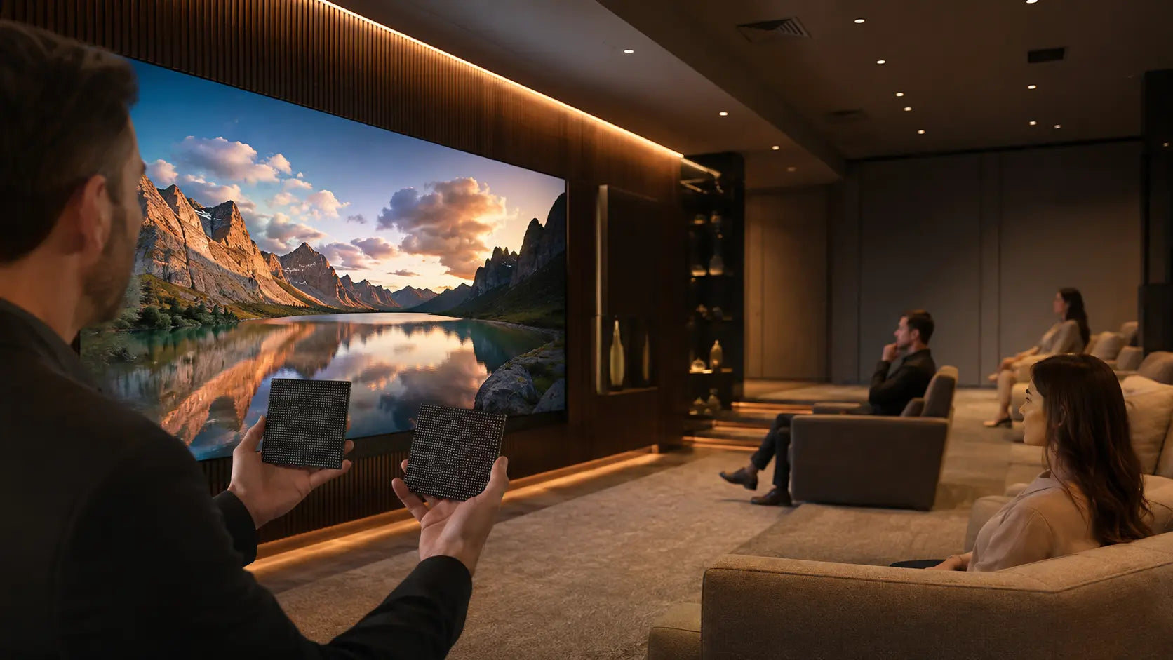 Concept visualization showing how pixel pitch and seating distance relate across MicroLED wall sizes
