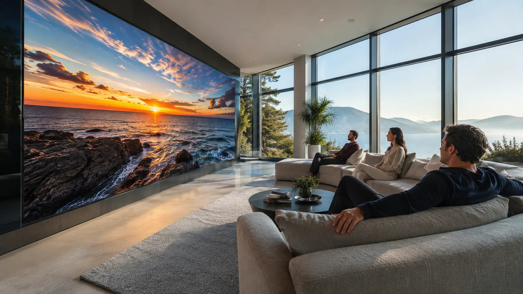 Concept visualization of a MicroLED wall remaining coherent from center and extreme off-axis seats in a bright room