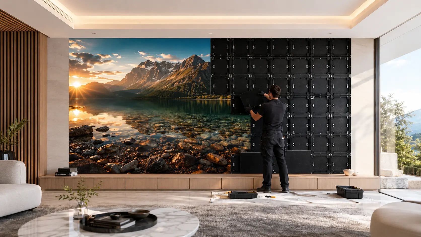 Concept visualization of an installer adding MicroLED modules to a half-finished cabinet wall while the completed half displays a vivid image